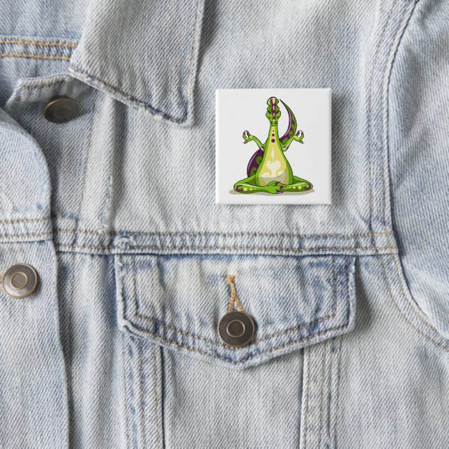 A Cartoon Iguanodon Dinosaur Doing Yoga. 15 Cm Square Badge (In Situ)