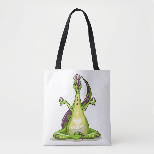 A Cartoon Iguanodon Dinosaur Doing Yoga. Tote Bag (Front)