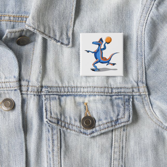 A Cartoon Iguanodon Playing Basketball. 15 Cm Square Badge (In Situ)