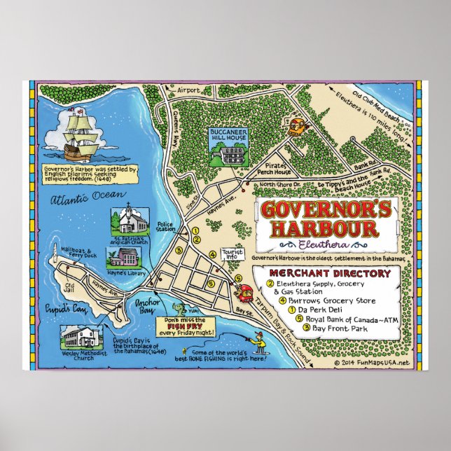 A cartoon map of Governor's Harbour, Bahamas Poster (Front)