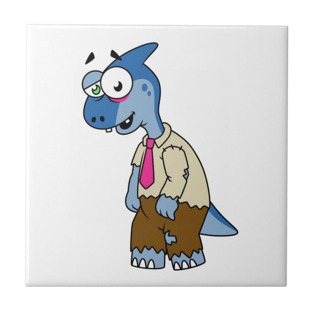 A Cartoon Parasaurolophus Dressed Up As A Zombie. Tile (Front)