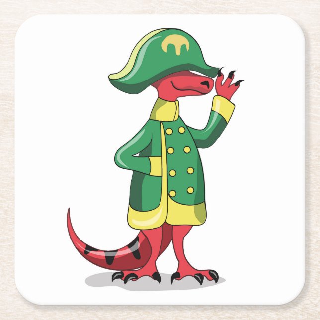 A Cartoon Tyrannosaur Rex Dressed As Napoleon. Square Paper Coaster (Front)