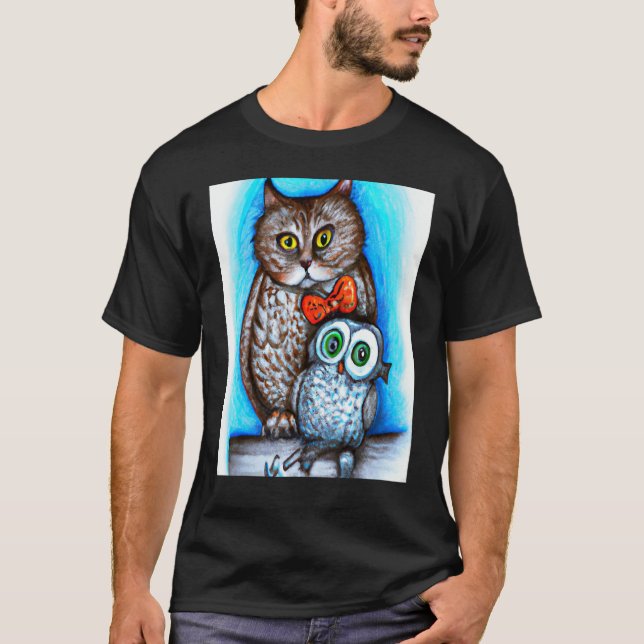 A Cat And An Owl Mixed Art T-Shirt (Front)