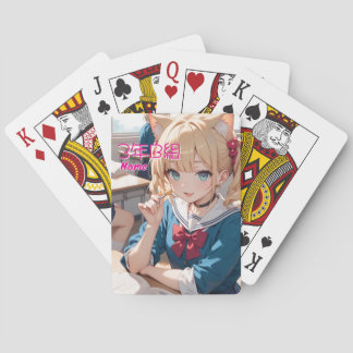 A cat-ear girl attending school. playing cards