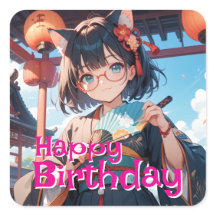 a cat-eared girl who wears a kimono and holds a fa