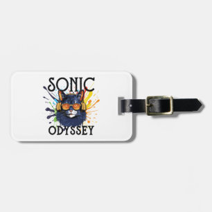 a cat listening to music on headphones luggage tag