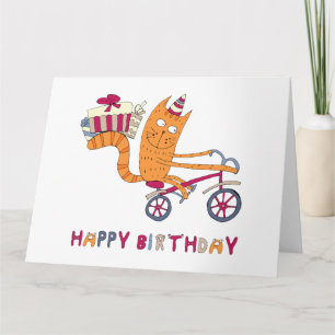 A cat on a bicycle carries birthday gifts. card