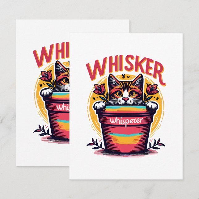 A cat peeking out from behind a flowerpot card (Front/Back)