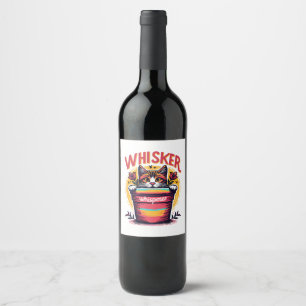 A cat peeking out from behind a flowerpot wine label