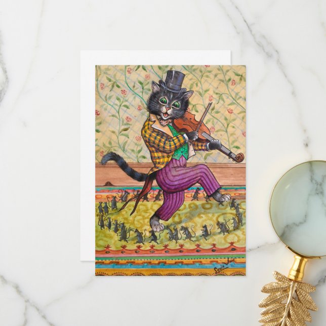 A Cat Playing a Fiddle by Louis Wain Thank You Card (Front/Back In Situ)
