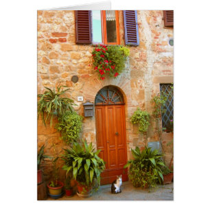 A cat seeks entrance to home in Pienza, Italy.