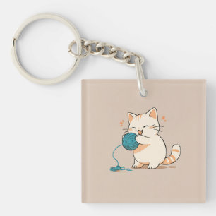 A cat spinning yarn is so cute key ring