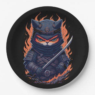 a cat warrior with a sword in his hand paper plate
