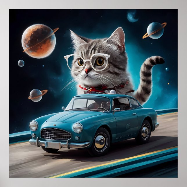 A cat wearing glasses driving a car on ... poster (Front)