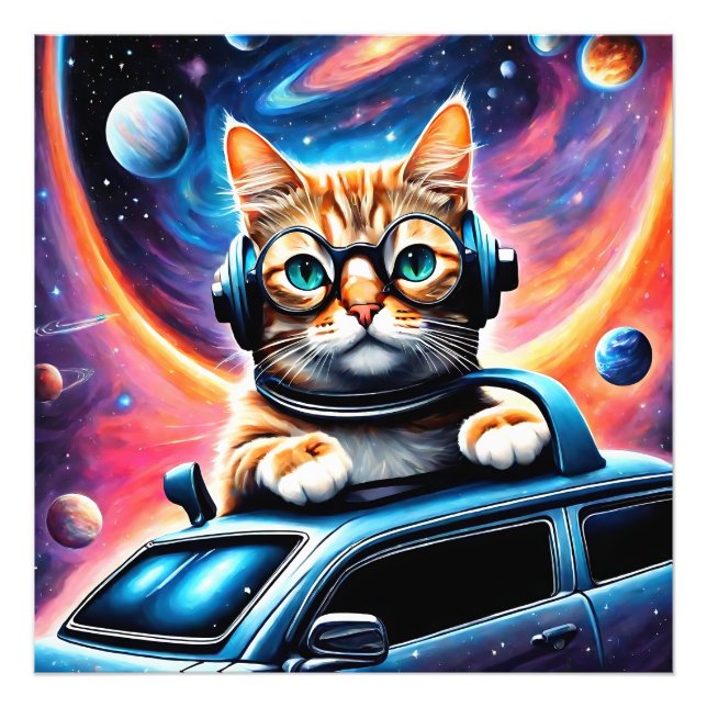 A cat wearing headphones and glasses on ... photo print (Front)