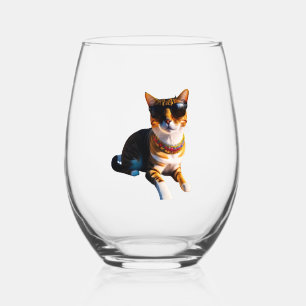 A cat wearing sunglasses stemless wine glass