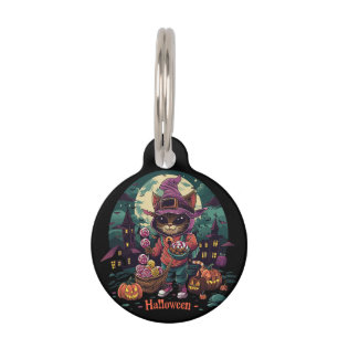 a cat with a basket of flowers and a cat with a ba pet tag