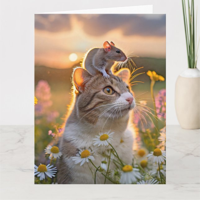 A cat with a mouse on its head between flowers card (Front)