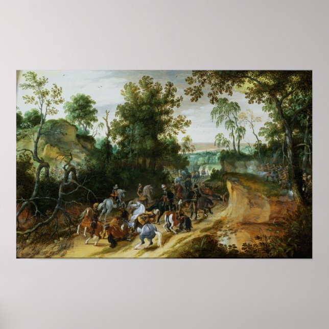 A Cavalry Column Ambushed on a Woodland path Poster (Front)