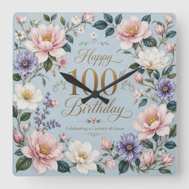 A Century of Blooming Grace Square Wall Clock (Front)