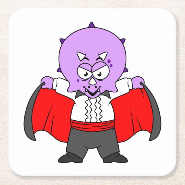 A Ceratops Dinosaur Dressed Up As Count Dracula. Square Paper Coaster (Front)