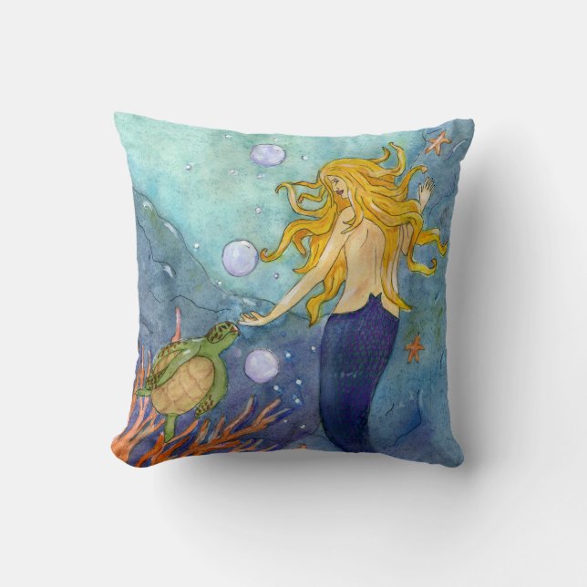 A Chance Encounter Mermaid & Turtle Pillow (Front)