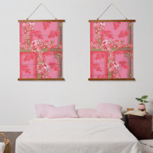 A charming floral pattern in shades of pink and go hanging tapestry