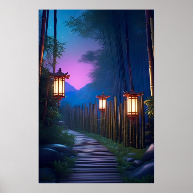 A Charming Wooden Path Illuminated by Lanterns Poster (Front)