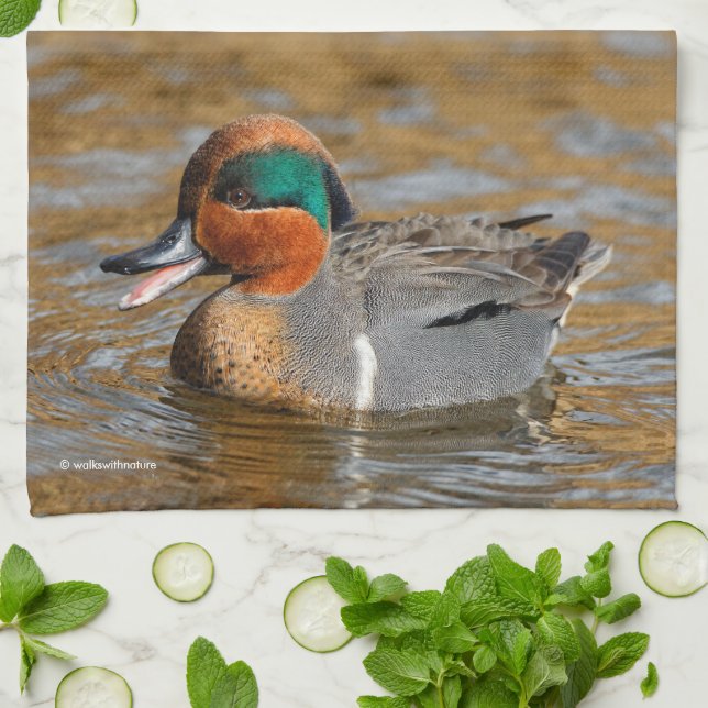 A Chatty Green-Winged Teal Duck at the Pond Tea Towel (Folded)