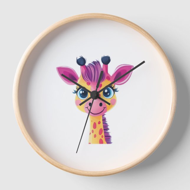 A cheerful and whimsical design of a young giraffe clock (Front)