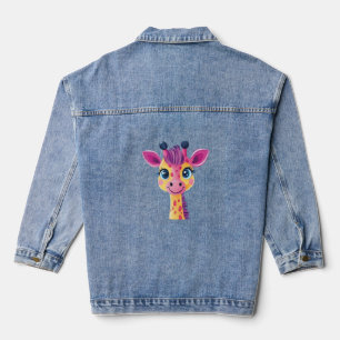 A cheerful and whimsical design of a young giraffe denim jacket