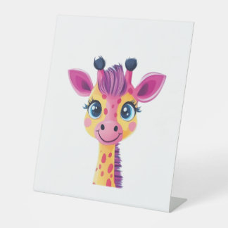 A cheerful and whimsical design of a young giraffe pedestal sign