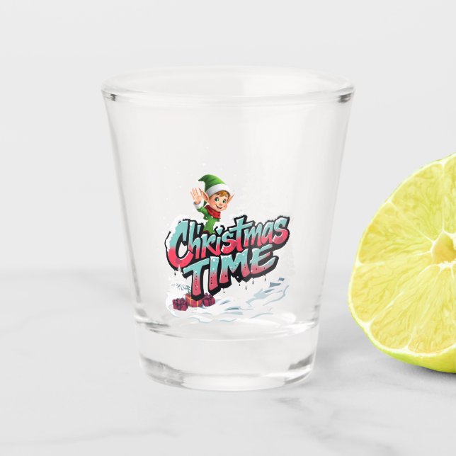 A cheerful cartoon elf  shot glass (Front)