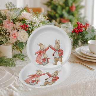 A cheerful family of rabbits under the New Year tr Paper Plate