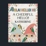 "A Cheerful Hello" Multilingual Gnome Greeting Postcard<br><div class="desc">A friendly and vibrant digital greeting card featuring two garden gnomes and colorful parrots. The top of the illustration displays multilingual greetings "HOLA! HELLO! HI!" in bold, playful lettering, followed by the phrase "A CHEERFUL HELLO!". The scene is framed by a floral border of pink roses and green leaves, creating...</div>