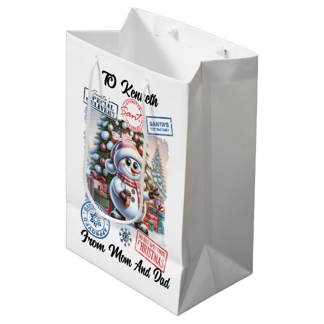 A Cheerful Snowman Beside a Festive Santa Sack Medium Gift Bag (Front Angled)