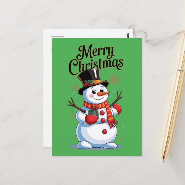 A Cheerful Snowman Christmas Postcard (Front/Back In Situ)