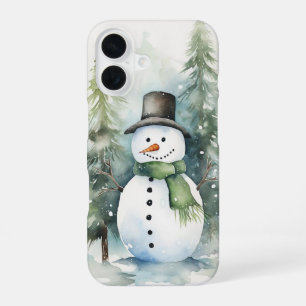 A cheerful snowman standing in a snowy winter wond iPhone 16 case