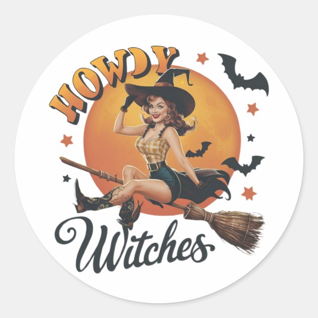 A cheerful witch riding a broomstick classic round sticker (Front)
