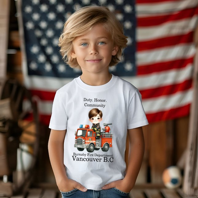 A cheerful young firefighter in a bright red truck T-Shirt (Creator Uploaded)