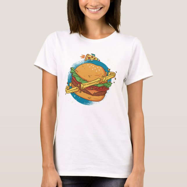 A Cheesburger Planet With a Pizza Rocket T-Shirt (Front)