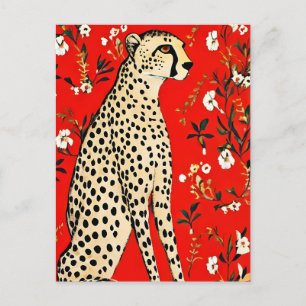 A Cheetah on a Red Background With Flowers Postcard