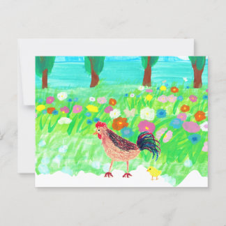 A Chicken and a Baby Chick Walking in the Garden Postcard