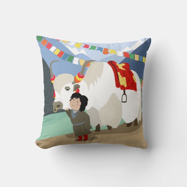 A child and best friend pet Tibetan yak colourful Cushion (Front)