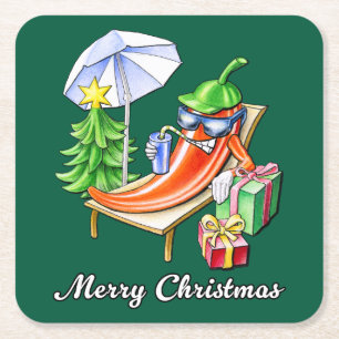A Chilli Merry Christmas under Sunshade and Tree Square Paper Coaster