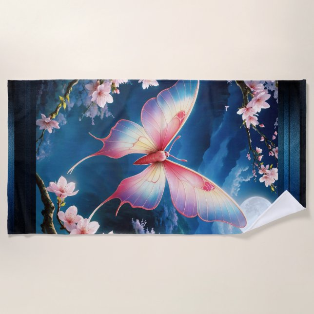 A Chinese Moon Moth Flying Amidst Cherry Blossoms Beach Towel (Front)