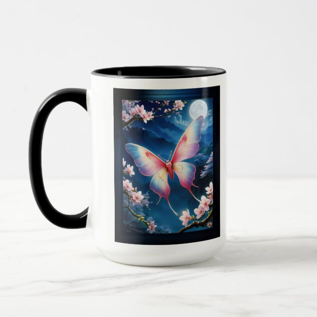 A Chinese Moon Moth Flying Amidst Cherry Blossoms Mug (Left)