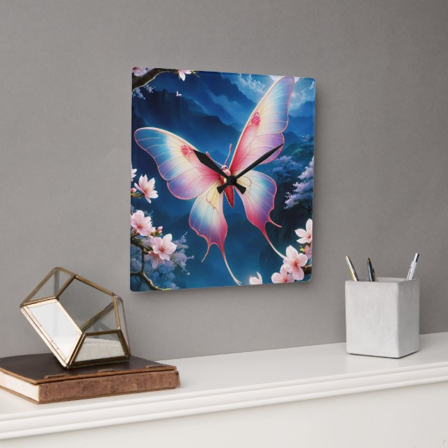 A Chinese Moon Moth Flying Amidst Cherry Blossoms Square Wall Clock (Office)