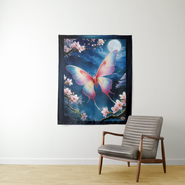 A Chinese Moon Moth Flying Amidst Cherry Blossoms Tapestry (In Situ)