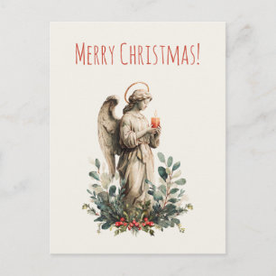 A Christmas angel with candle and leaves Holiday Postcard